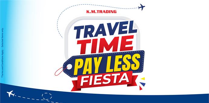 K.M. Trading Big Slash sale banner offering 25% to 70% off on a red striped background.